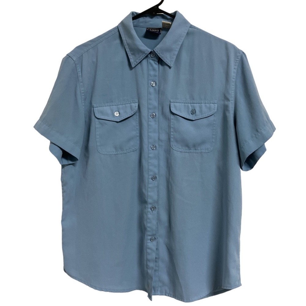 Laura Scoot M Casual Button Up With Pockets Blue Short Sleeve Point Collar Shirt